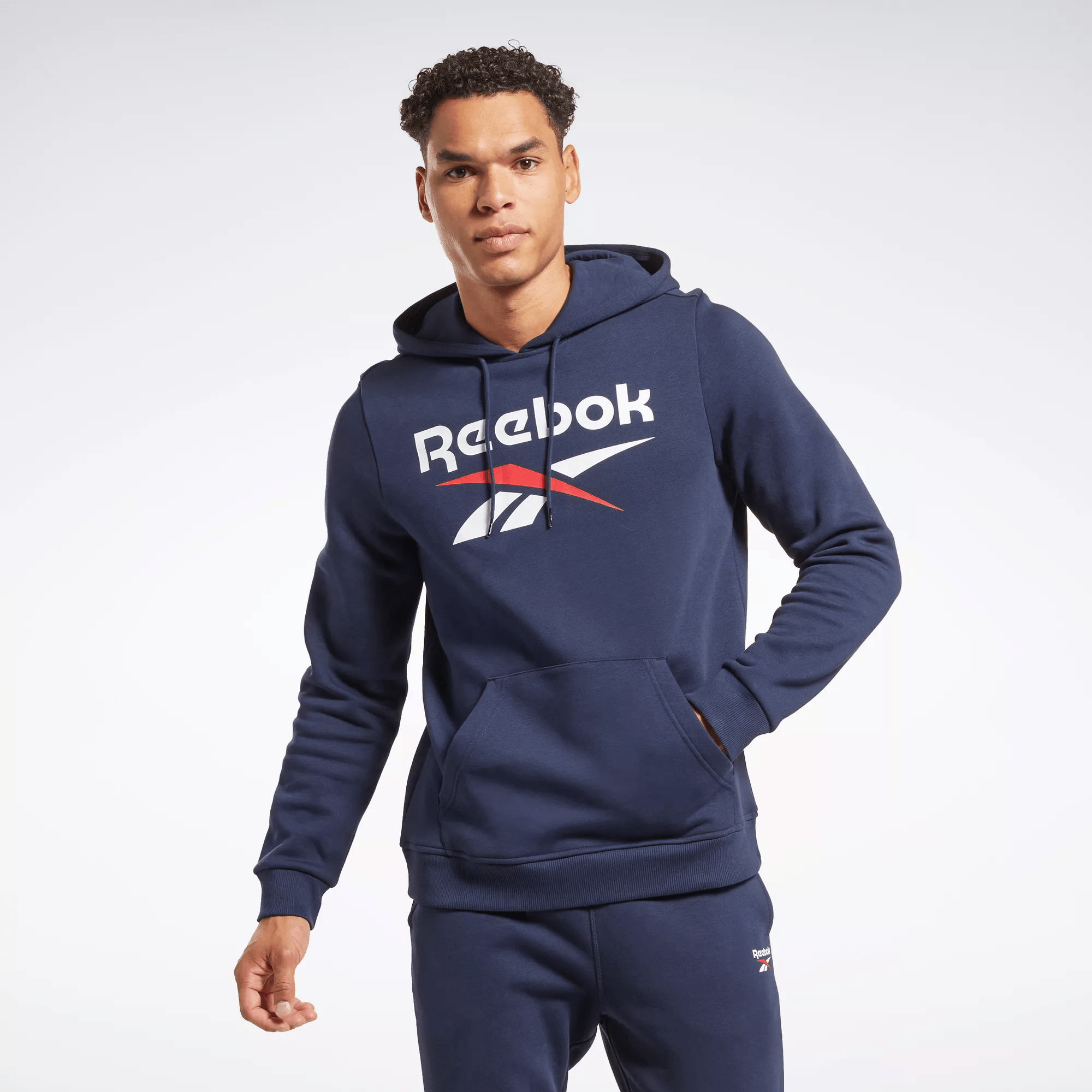 Reebok Identity Fleece Stacked Logo Pullover Hoodie In Blue