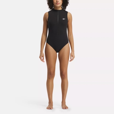 High Neck One Piece Swimsuit with Center-Front Zipper and Collar
