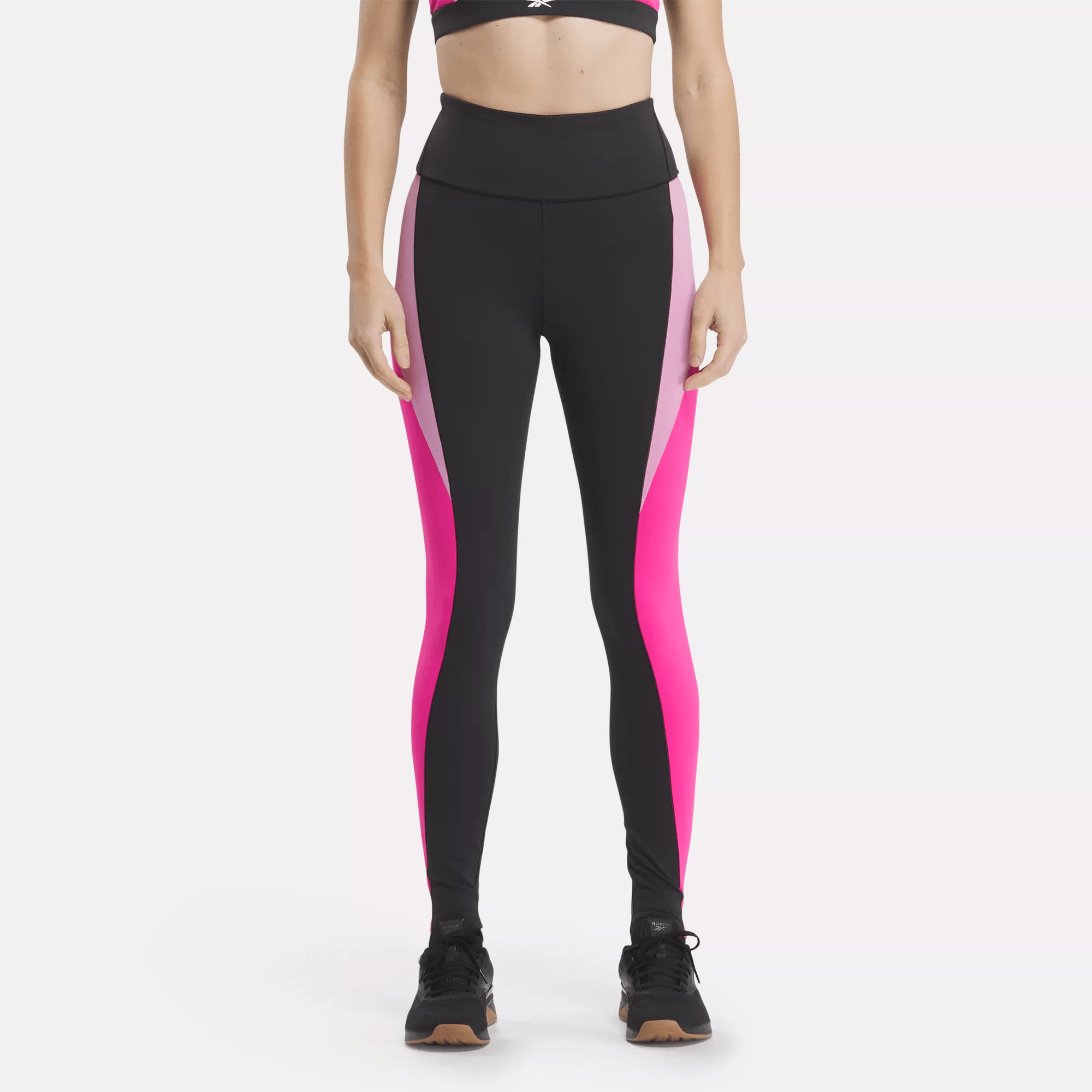 Shop Reebok Women's Lux High-rise Colorblock Leggings In Black / Laser Pink