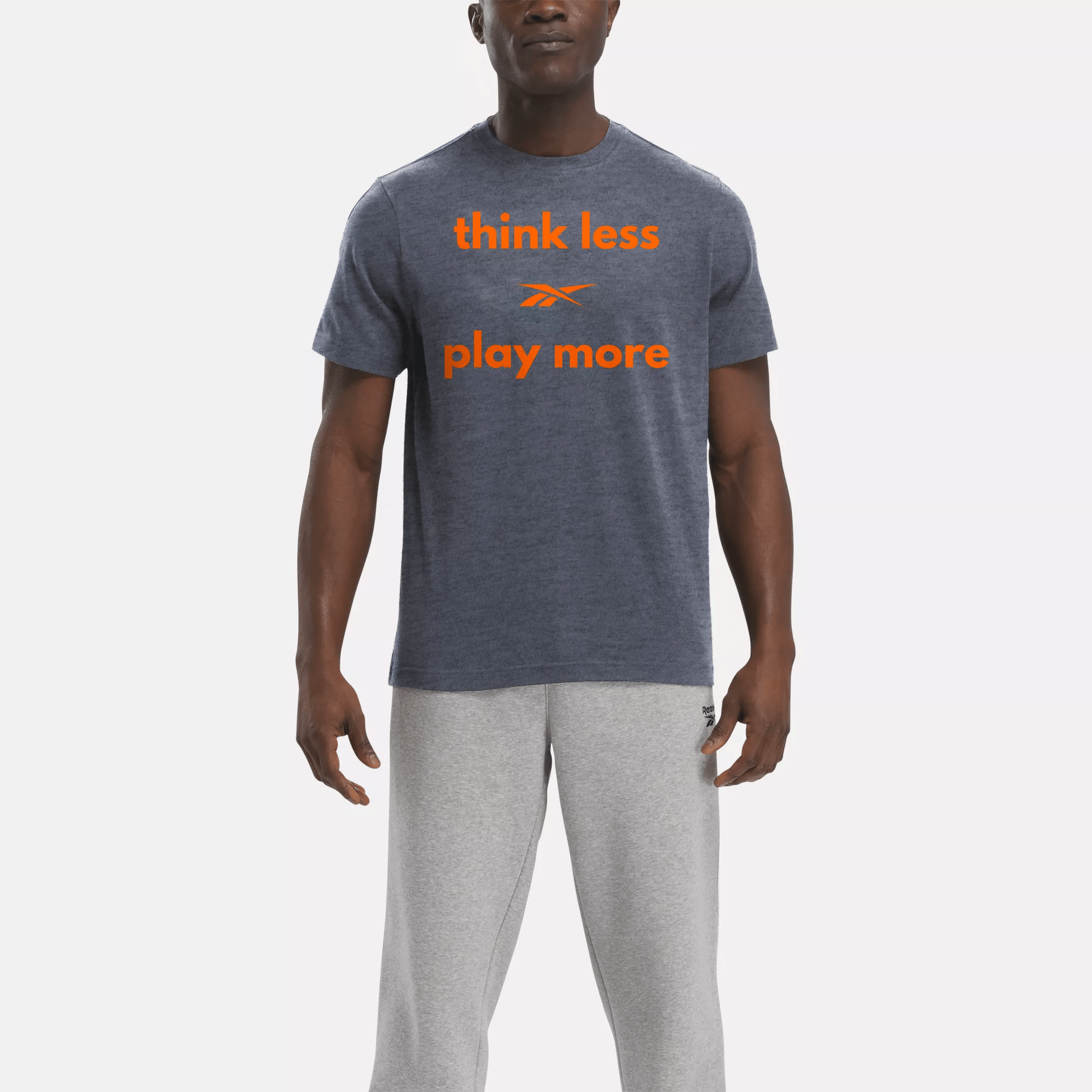 Shop Reebok Unisex Think Less Play More T-shirt In Navy Heather/orange