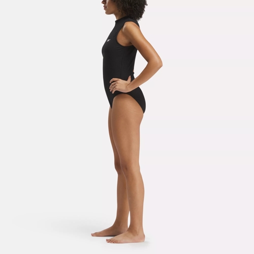 High Neck One Piece Swimsuit with Center-Front Zipper and Collar