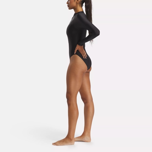 Long Sleeve One Piece Zip-Up Rasher Swimsuit - Black